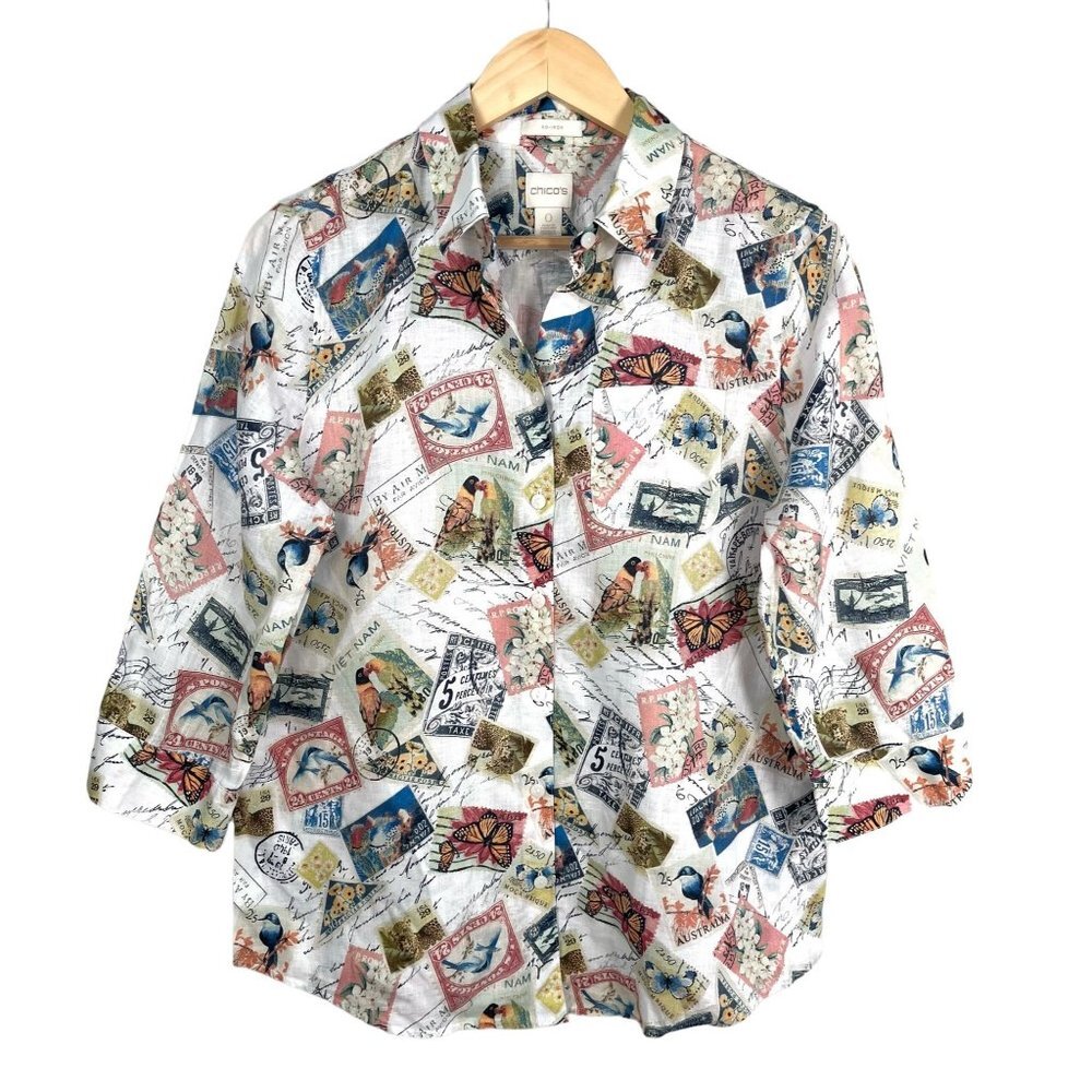 Chicos No Iron 100% Linen Shirt Sz 0 Stamps Travel‎ Postage Print 3/4 Sleeve